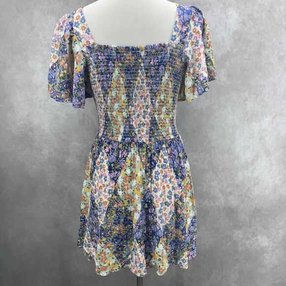 Angie Womens L Floral Smocked Peakaboo Cutout Babydoll Dress Boho Garden Fairy - Picture 5 of 9